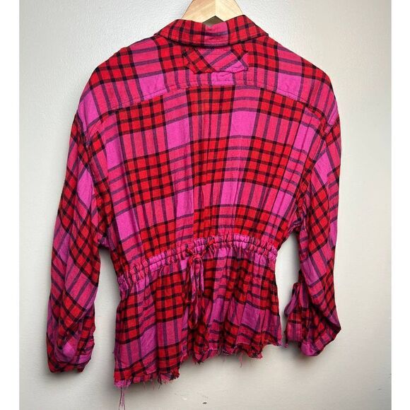 Free People Pacific Dawn Plaid Shirt Hot Pink Red Plaid Snap Button Down Sz. XS - Picture 8 of 8